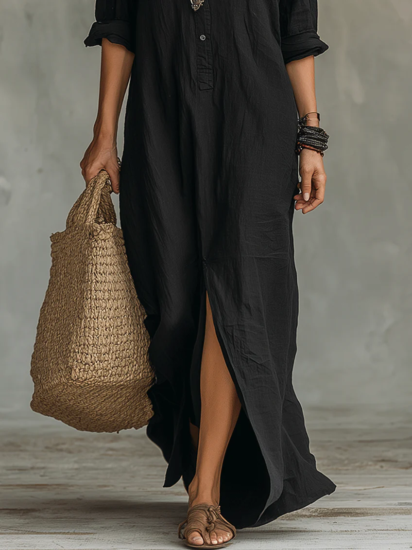 Isabella™ | Abito Maxi Nero Lungo con Bottoni