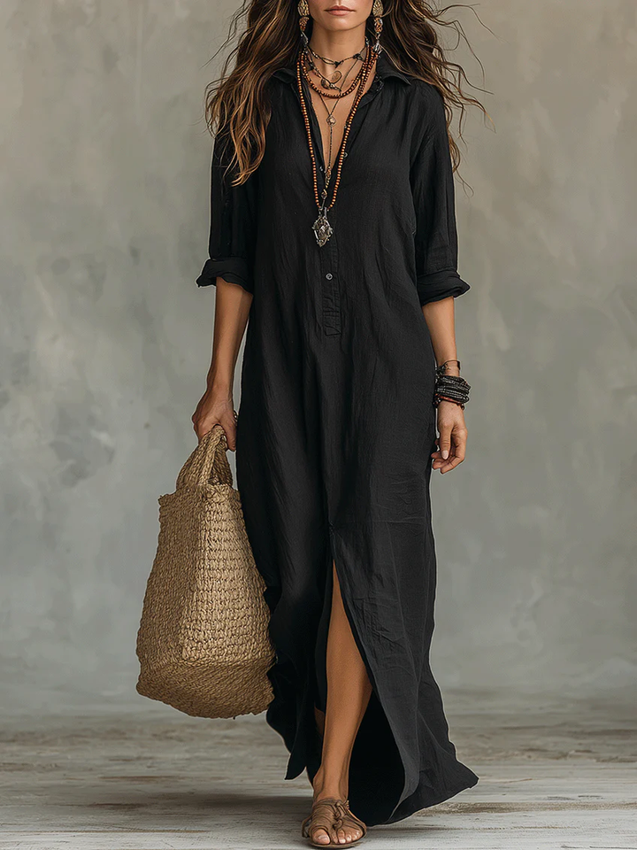 Isabella™ | Abito Maxi Nero Lungo con Bottoni