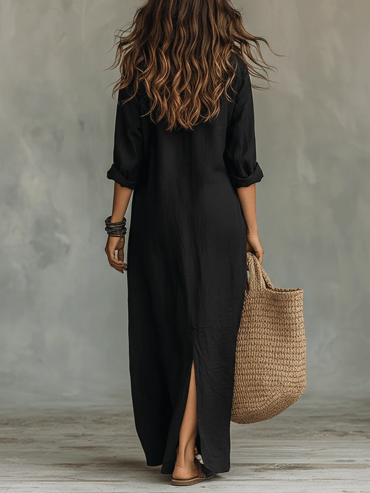 Isabella™ | Abito Maxi Nero Lungo con Bottoni