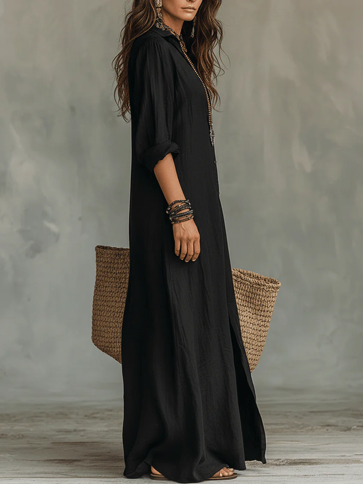 Isabella™ | Abito Maxi Nero Lungo con Bottoni